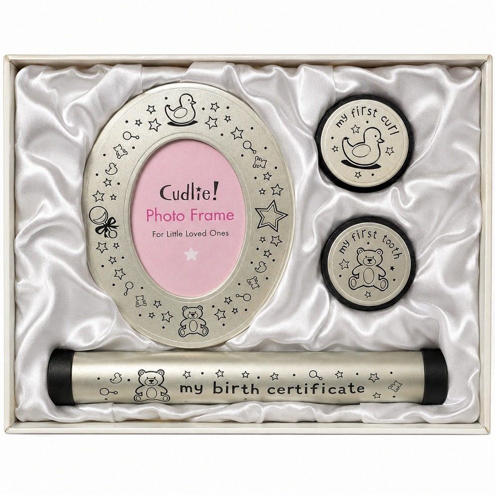 Cudlie Baby Keepsake Gift Set Silver Photo‎ Frame Birth Certificate First Tooth